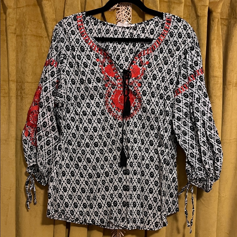 Solitaire Black and Red Embroidered Blouse